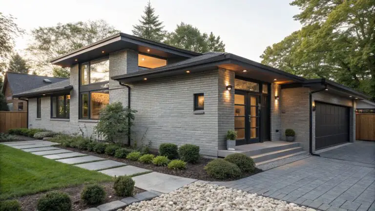 Side exterior view of a modern gray brick house with cantilevered dark wood roof overhang above large glass entry doors, wall-mounted lanterns, wooden garage door, concrete steps, flagstone pathway, gravel and plant beds, and overhanging trees.