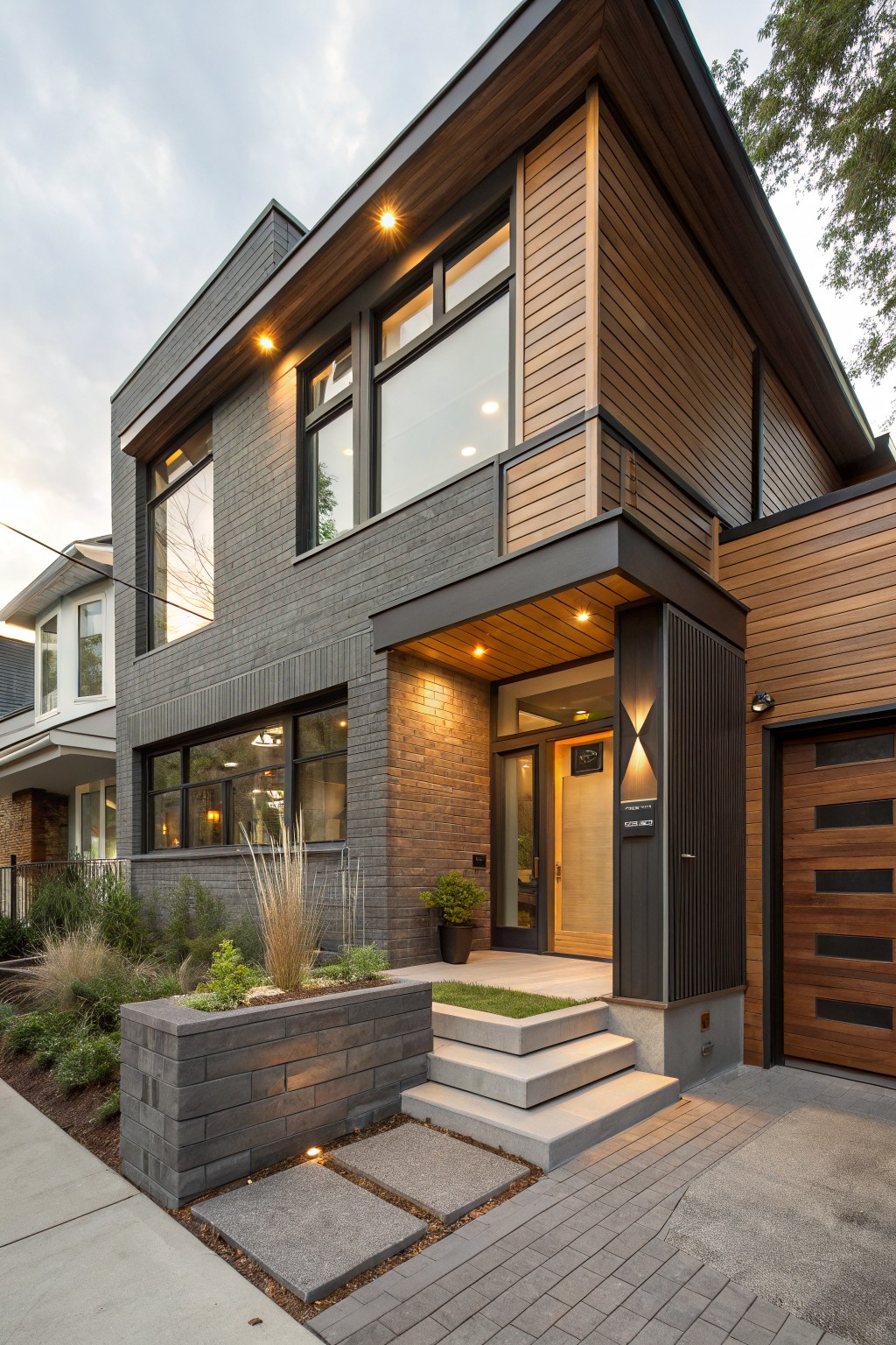 Corner view of a modern two-story house featuring textured gray brick on the lower facade, warm wood cladding on upper sections and entry canopy, large black-framed windows, wood garage door, concrete steps to the entry, and low plantings in brick planters along the front.