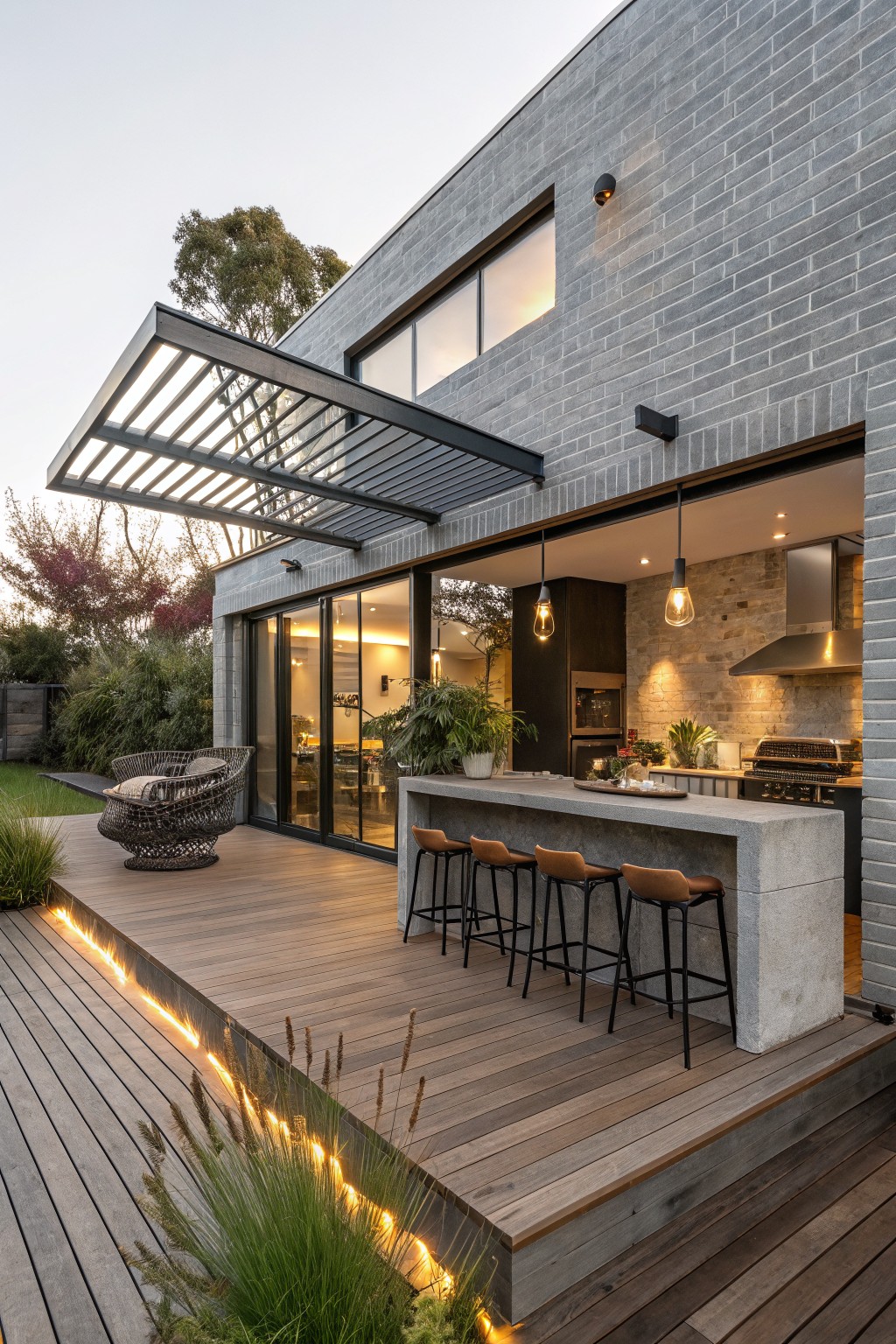 Rear view of a modern house with textured gray brick exterior, large sliding glass doors from a kitchen with brick accent wall to an elevated wooden deck holding a concrete-topped bar with black metal and leather barstools, a curved rattan lounge chair, louvered metal awning overhead, pendant lights, landscaping with grasses and trees, and yellow LED strip lights along the deck edge.