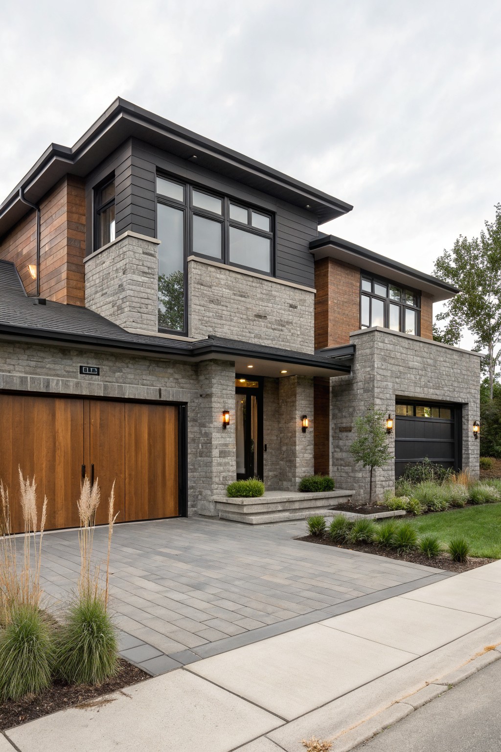 Modern two-story house exterior with textured gray brick walls, warm wood double garage doors, black trim and windows, covered entry with steps, paver driveway, and ornamental grasses in front.