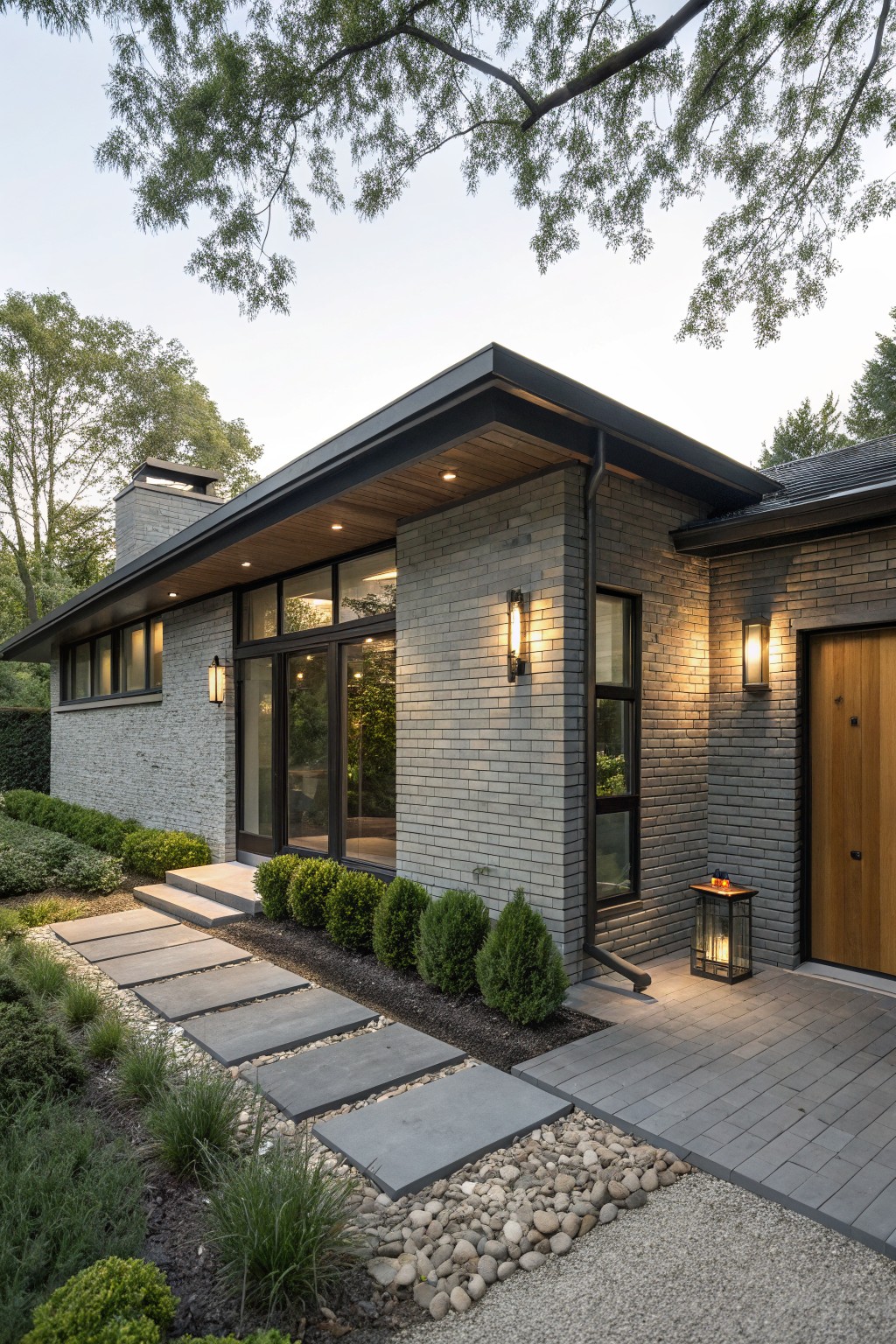 Side exterior view of a modern gray brick house with cantilevered dark wood roof overhang above large glass entry doors, wall-mounted lanterns, wooden garage door, concrete steps, flagstone pathway, gravel and plant beds, and overhanging trees.