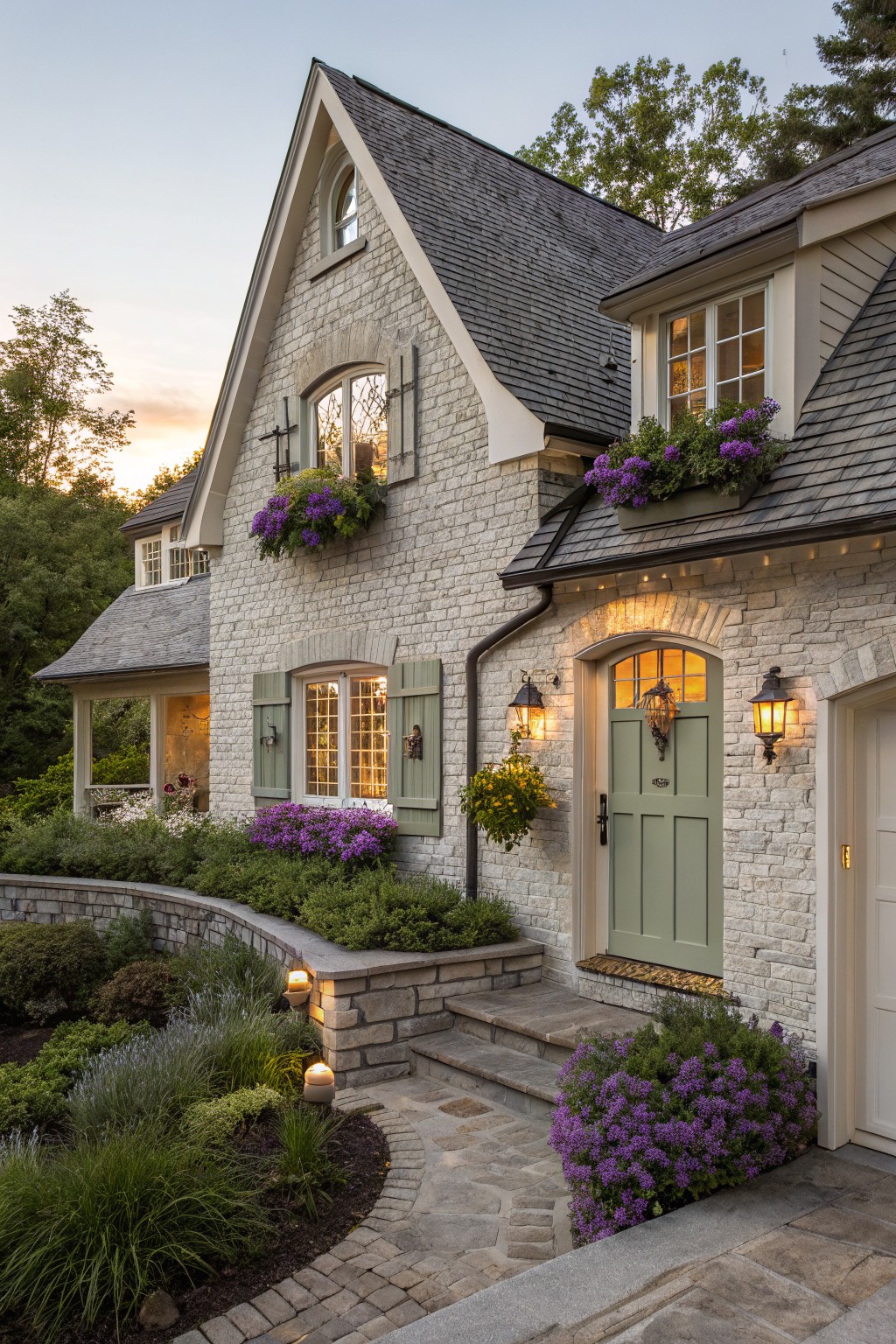 Textured light gray brick house exterior with gabled roof, sage green arched front door flanked by lanterns, purple flower window boxes and baskets, stone steps, and surrounding garden plantings at dusk.