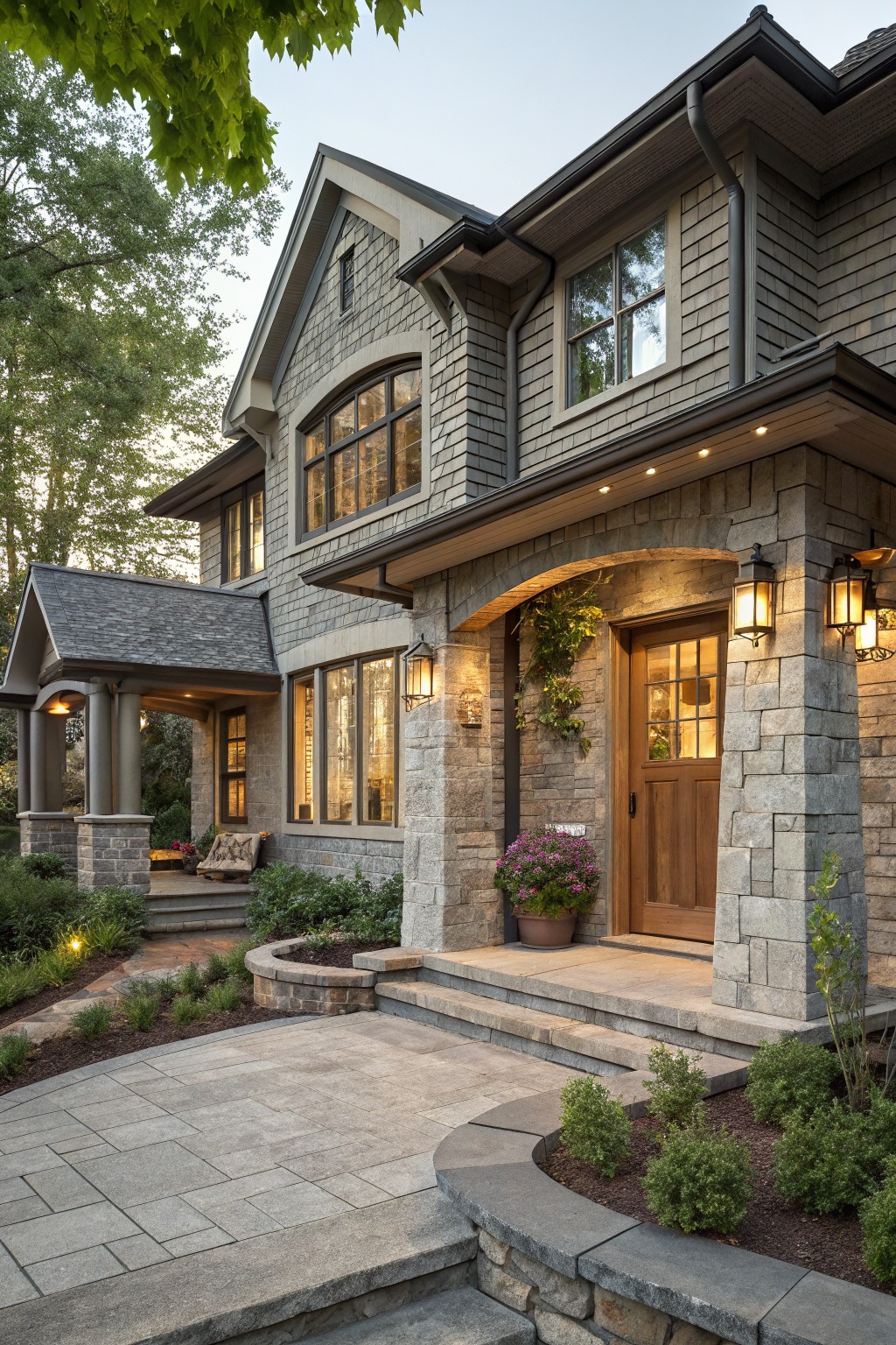Two-story house exterior featuring gray shingle siding, stone pillars and base, arched covered entry porch with wood door, paver pathway, low plantings, and landscape lighting.