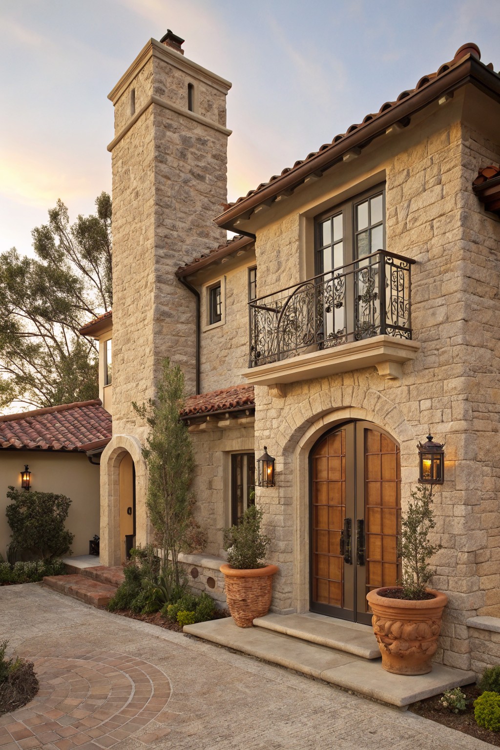 Two-story beige stone house exterior featuring a tall chimney tower, wrought iron balcony, arched wooden double entry doors flanked by lanterns, terracotta roof tiles, and large terracotta pots on a stone pathway.