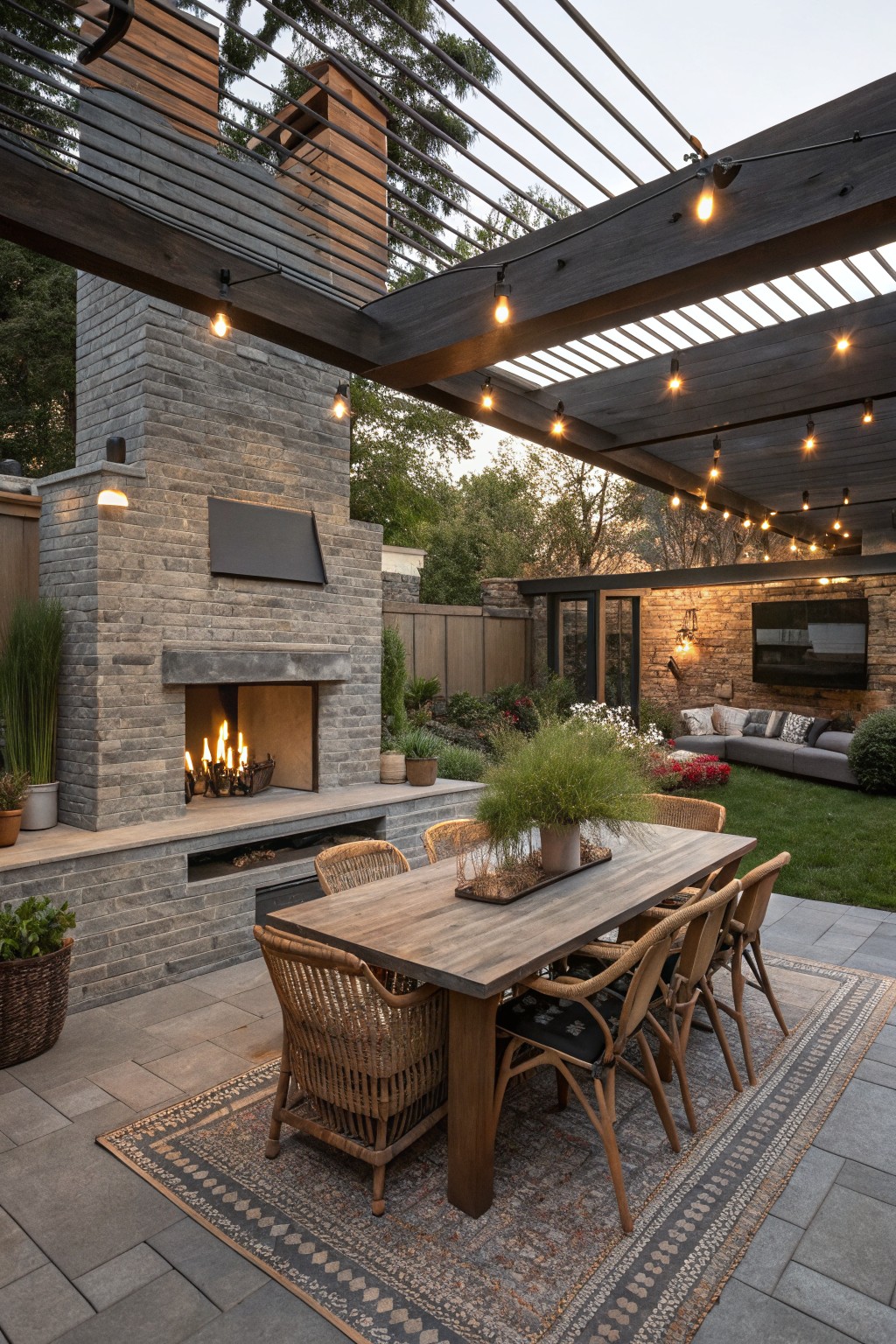 Outdoor covered patio featuring a tall textured gray brick fireplace with gas logs burning, wooden dining table with rattan chairs on a patterned rug, gray sectional sofa nearby, string lights overhead, and garden plantings around paver flooring.