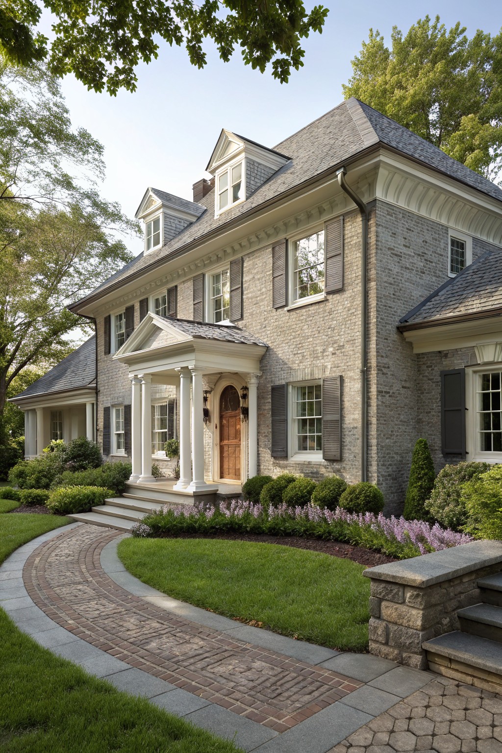 A two-story house with textured gray brick exterior, white trim and shutters, columned portico with arched wood door, dormer windows, and front yard landscaping including a curved brick pathway.