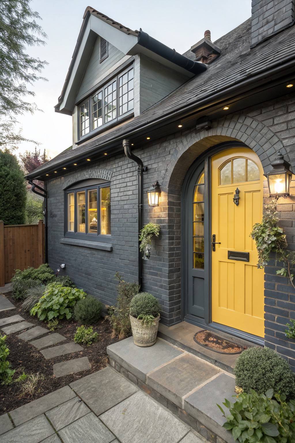 Dark gray brick house exterior with arched bright yellow front door, black lanterns, lit windows, and low landscaping along a stone path.
