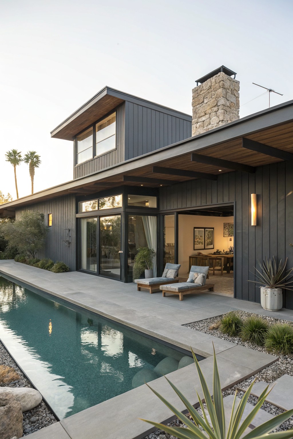 Modern house exterior featuring dark gray vertical siding, overhanging wood beams, stone chimney, large glass sliding doors open to a pool deck with lounge chairs, potted plants, and gravel landscaping.
