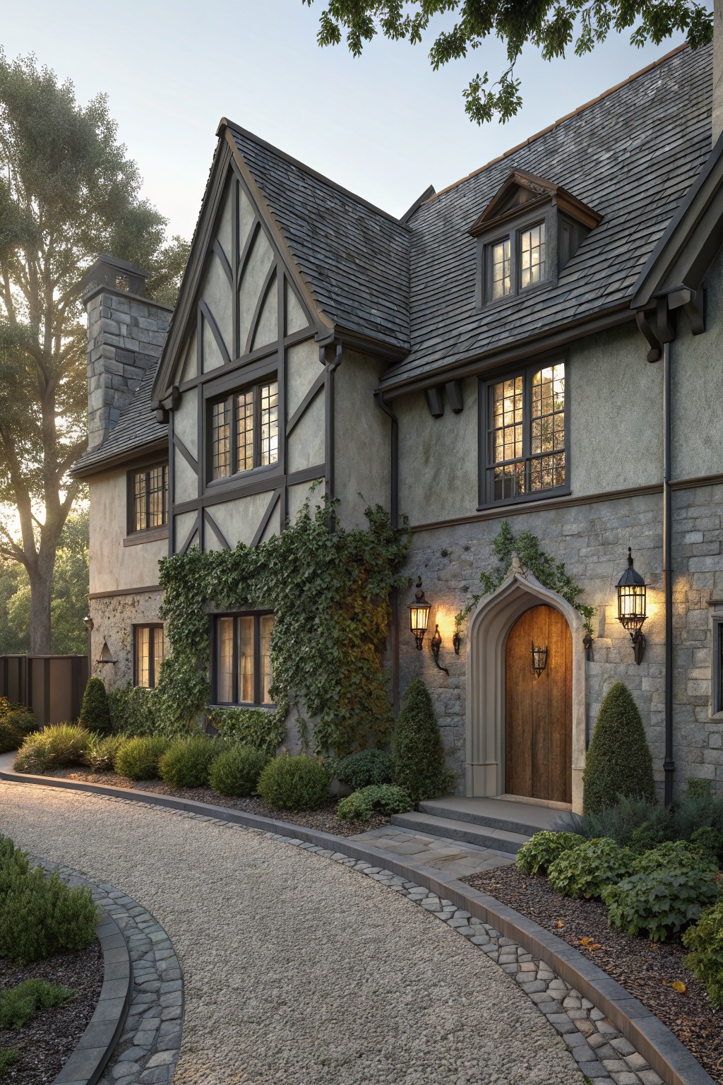 A Tudor-style house exterior featuring dark timber framing on light gray stucco walls, gray slate roof, stone chimney and base, ivy on corners, arched wooden entry door with lanterns, topiaries, and a curved gravel driveway edged in stone.