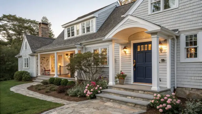 Light gray shingle-clad two-story house with white trim, navy front door under arched portico, lanterns, stone steps, bluestone pathway, and low plantings.