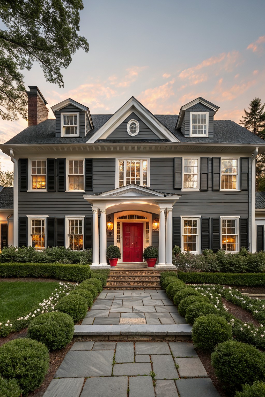 A two-story gray clapboard house with white trim, black shutters, columned portico, red front door, boxwood shrubs, flower borders, and stone pathway leading to the entry at evening light.