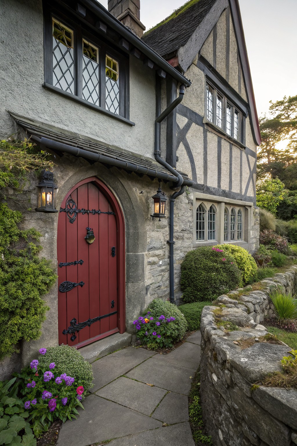 Gray half-timbered house exterior with dark wooden beams, red arched front door with black iron hardware and knocker, lanterns on either side, leaded glass windows, and surrounding garden plantings along a stone path and wall.
