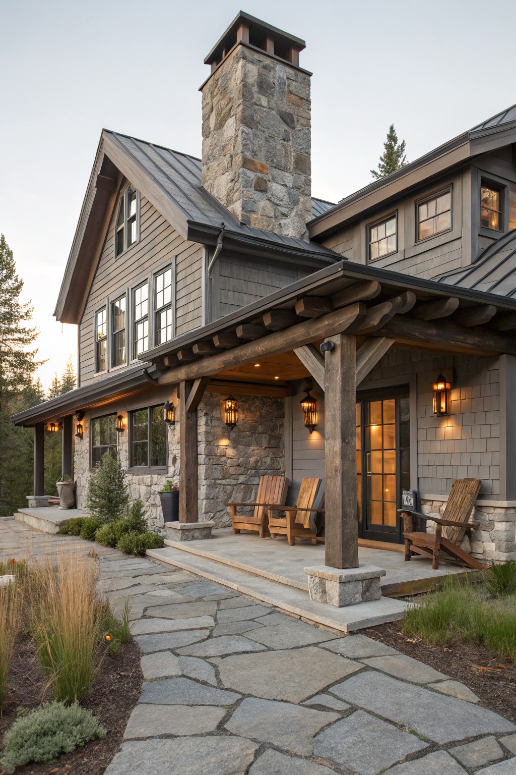 Two-story house exterior with gray shingle siding, tall rough stone chimney, dark metal roof, wooden porch supported by timber beams and posts, Adirondack chairs, large windows, lanterns, and stone pathway amid trees and plants.