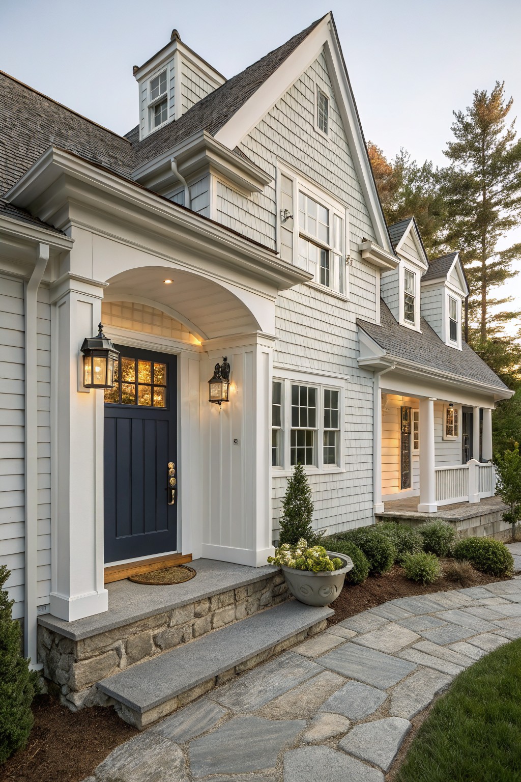 Light gray shingle-clad two-story house with white trim, navy front door under arched portico, lanterns, stone steps, bluestone pathway, and low plantings.