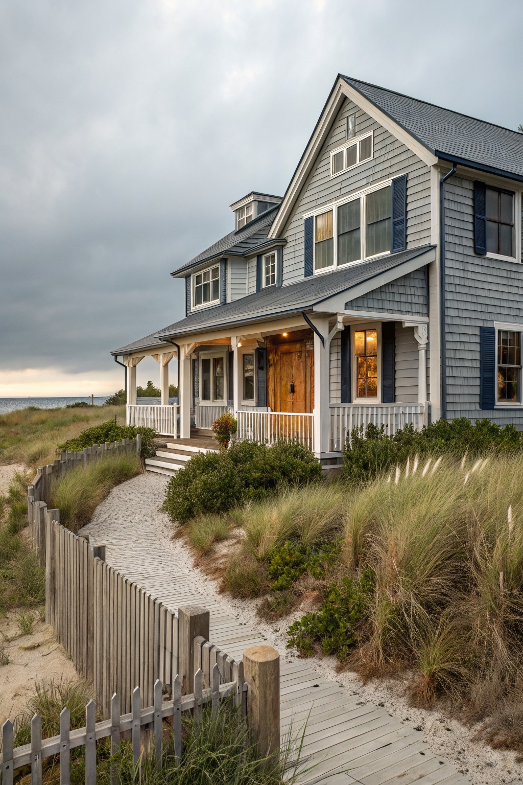Gray shingle-clad house with white porch, navy blue shutters, and wooden door, viewed from a sandy path amid beach grass and dunes near the ocean.