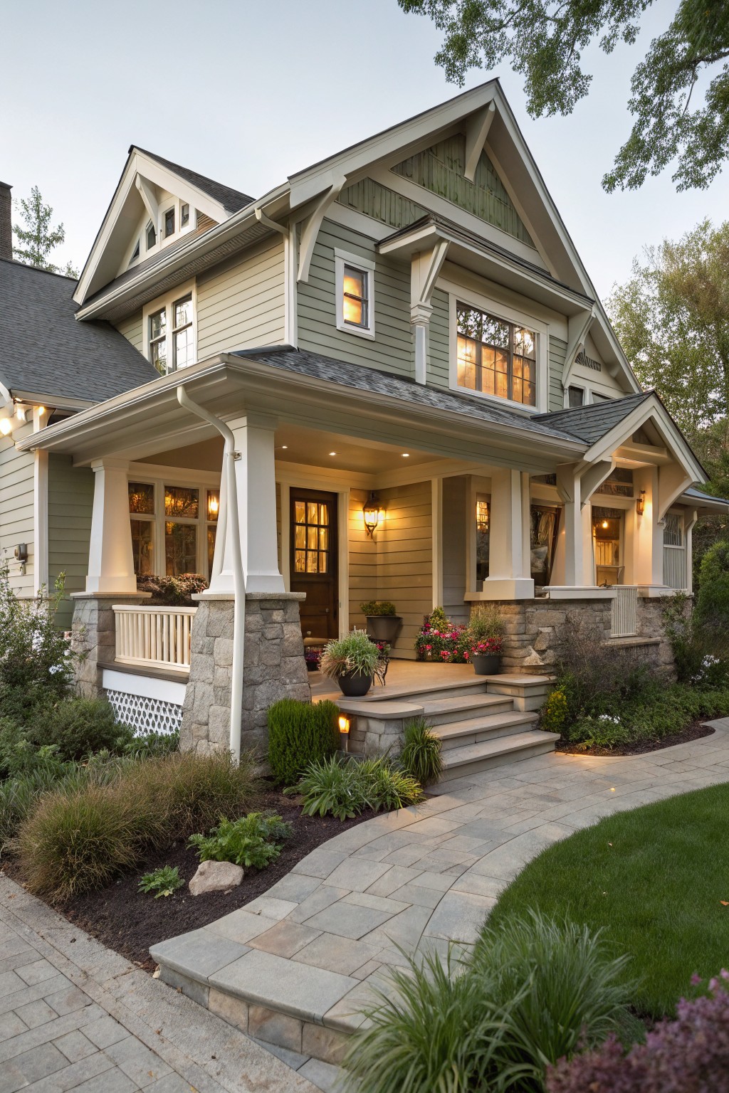Two-story Craftsman house exterior with green-gray clapboard siding, white trim, dark shingled gables, covered front porch supported by stone piers, warm interior lights glowing through windows, potted plants on porch, and curved stone path with landscaping at dusk.
