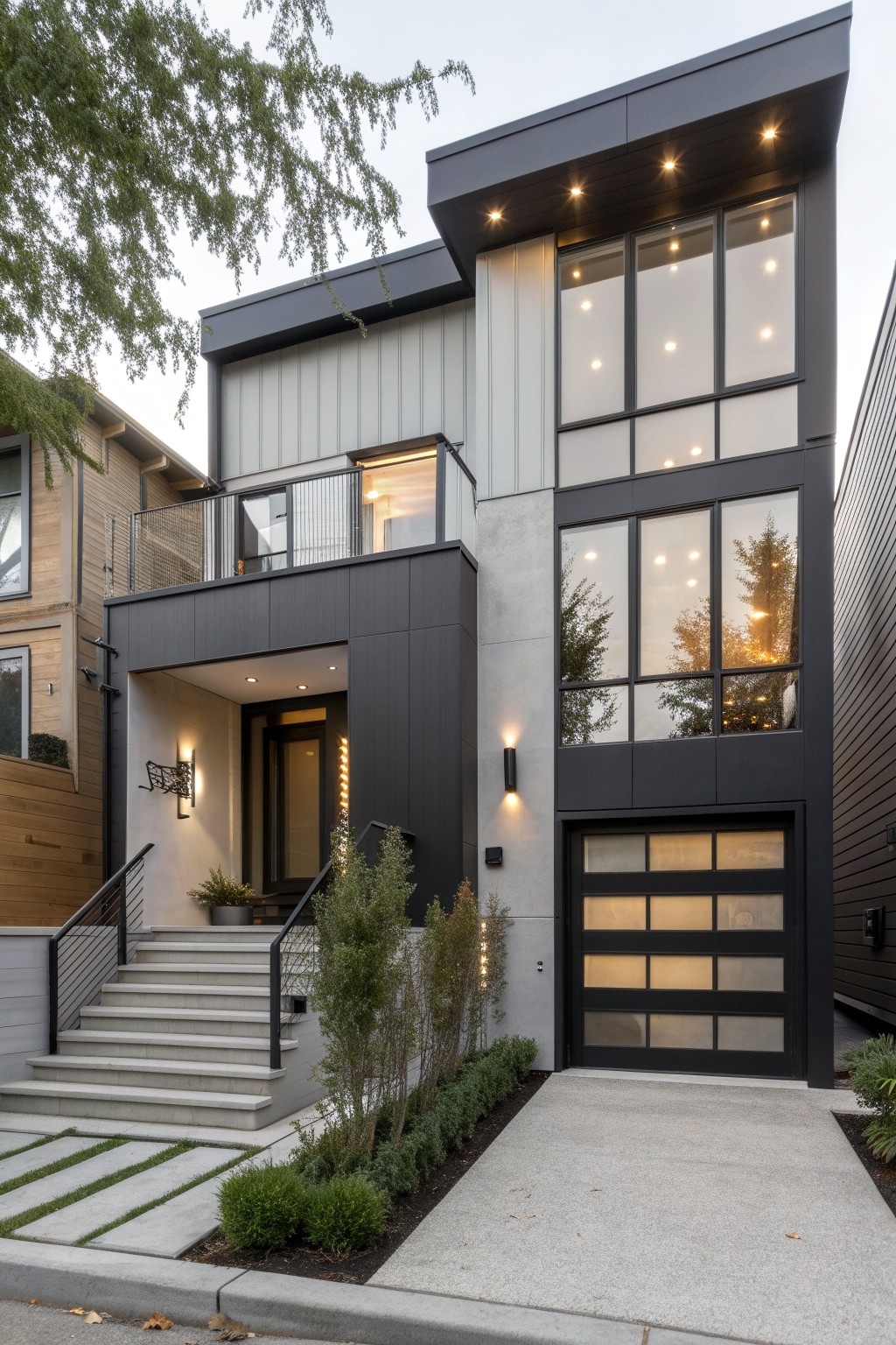 A two-story modern house exterior with light gray vertical siding, black cladding on corners and entryway, large multi-pane windows, a frosted glass garage door, concrete steps with metal railing, and low shrubs along the front path.