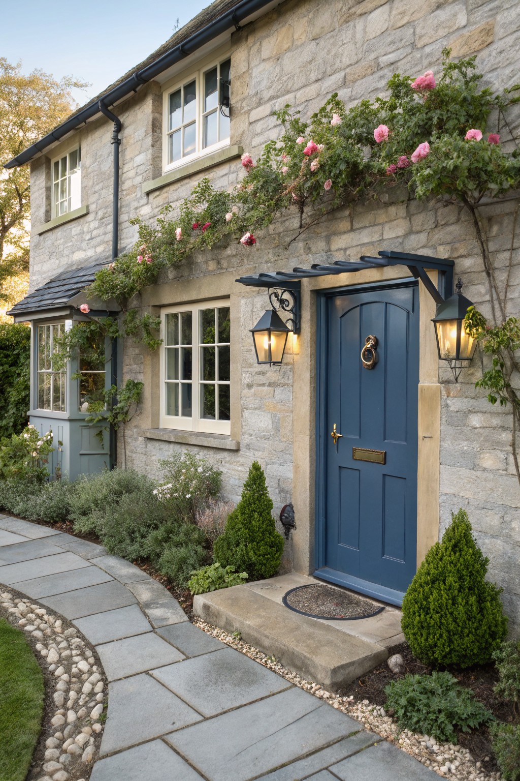 Stone cottage exterior with warm gray walls covered in pink climbing roses, a navy blue arched front door with brass knocker and letterbox, flanked by black lanterns, and a curved stone pathway edged with plants and gravel.