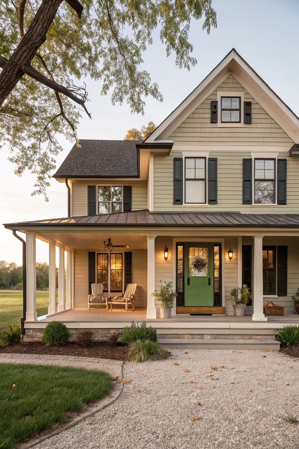 Two-story farmhouse with pale greenish-gray shingle siding, black shutters and metal roof, wraparound front porch with green door, Adirondack chairs, lanterns, potted plants, gravel path, and surrounding grass and shrubs at dusk.