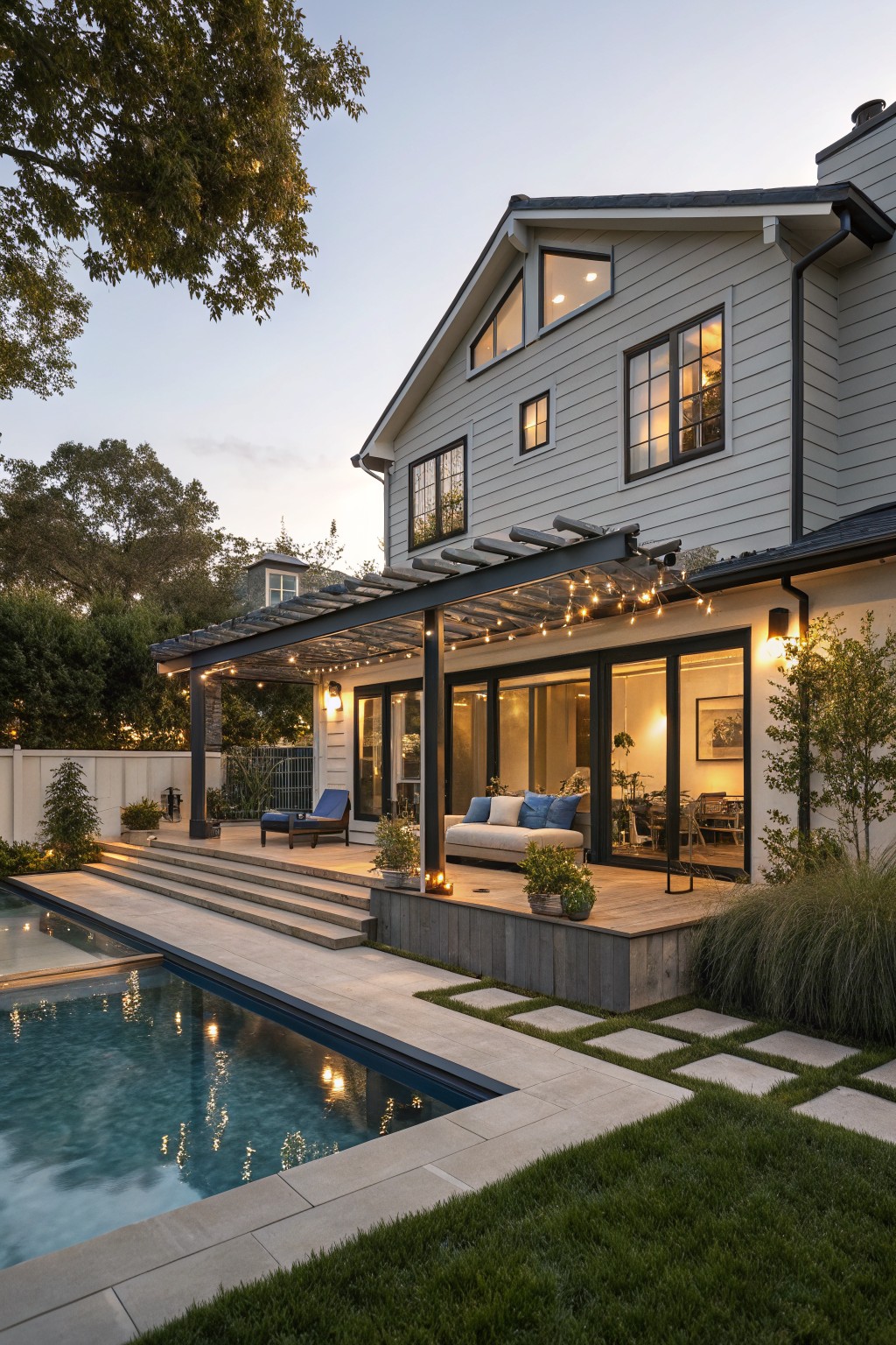 Rear exterior of a two-story light gray house with horizontal siding, black-framed windows, a metal-roofed pergola over a patio with furniture, steps to a rectangular pool, and surrounding landscaping at twilight.