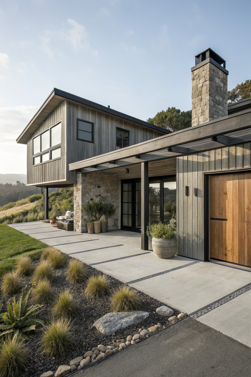 Modern two-story house exterior with vertical gray wood siding, stone chimney, black-framed windows, wooden garage door, covered entry porch, concrete walkway, and native landscaping including grasses and potted plants on a hillside.