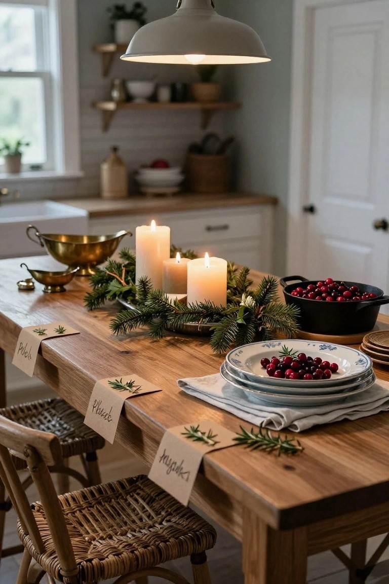 Wooden dining table in a kitchen set for Christmas dinner with fir branch runner, lit pillar candles, black pot and white bowls of cranberries, brass dishes, stacked plates with berries, linen napkins, kraft paper place cards labeled Pia and Muski, and rattan chairs.