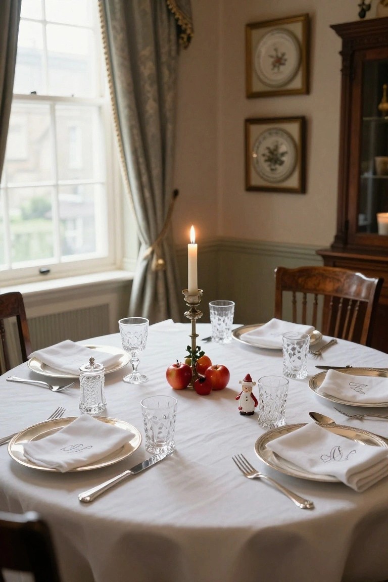 A round dining table covered in white linen with place settings of gold-rimmed plates, silverware, crystal glasses, and napkins, centered by a lit brass candlestick holding apples, tomatoes, and a small red Santa figurine, in an elegant room with wooden chairs, curtains, and wall art.