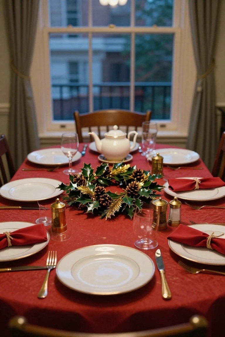 A formal dining table covered in a red textured tablecloth, set with white plates, gold-rimmed glassware, brass shakers, a white teapot, red napkins tied with twine, and a central holly wreath with pinecones and gold leaves, viewed from above in a room with large curtained windows.