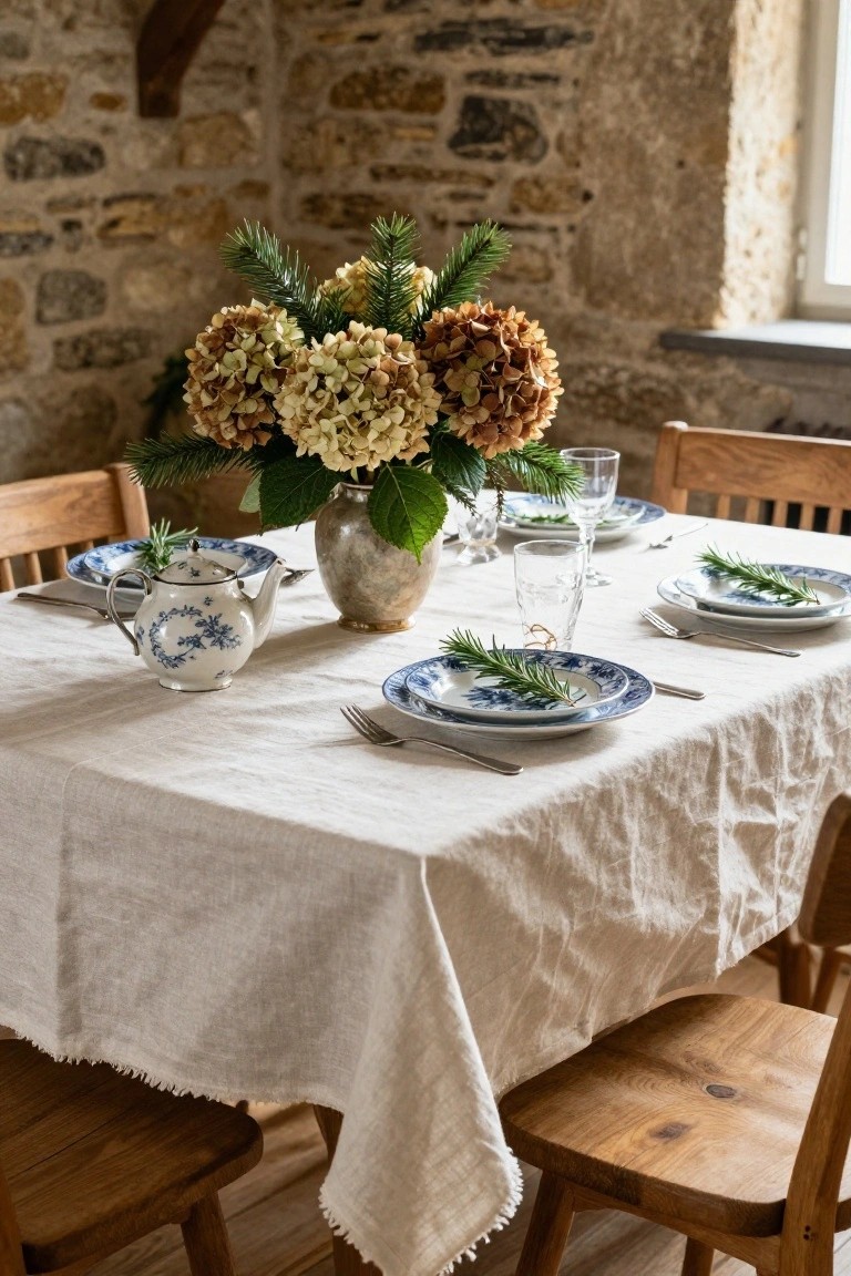 A wooden dining table covered in white linen holds a centerpiece vase of beige and cream dried hydrangeas with fir branches, flanked by a white teapot with blue floral pattern, blue and white plates garnished with rosemary, glasses, and silverware, with wooden chairs and stone walls in a rustic interior.
