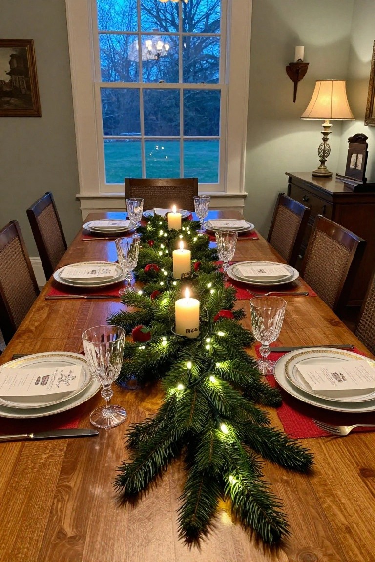 Wooden dining table in a cozy room set with place settings, red placemats, crystal glassware, and a central runner of green fir branches with white candles and string lights.