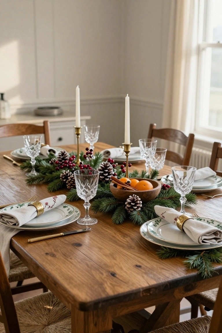 Wooden dining table decorated for Christmas with a central garland runner of evergreen branches, pinecones, red berries, oranges in a wooden bowl, white candles in gold holders, crystal glassware, and place settings on floral plates.
