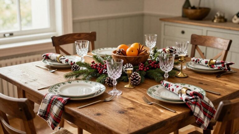 Wooden dining table decorated for Christmas with a central garland runner of evergreen branches, pinecones, red berries, oranges in a wooden bowl, white candles in gold holders, crystal glassware, and place settings on floral plates.