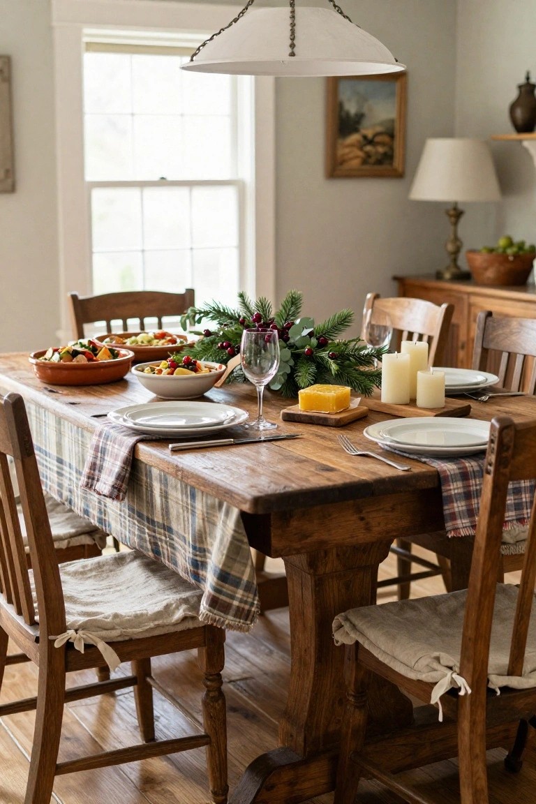 A wooden dining table in a light gray room set for Christmas dinner with terracotta bowls of salads, white bowls of vegetables, evergreen branches with red berries, white pillar candles, a yellow cheese block on a board, plaid napkins and runner, and wooden chairs with cream cushions.