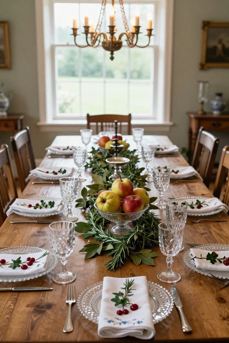 A wooden dining table set for Christmas with a lengthwise garland of rosemary, bay leaves, and other greenery, bowls of apples, crystal glassware, white napkins with holly embroidery, plates, and candles in a room with large windows and chandelier.