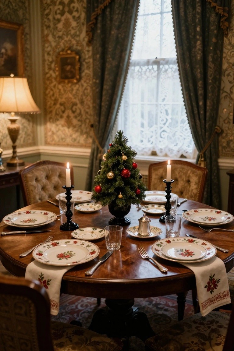 Round wooden dining table in an ornate room set for Christmas with a small decorated Christmas tree centerpiece, lit candles in black holders, floral plates, silverware, and napkins.