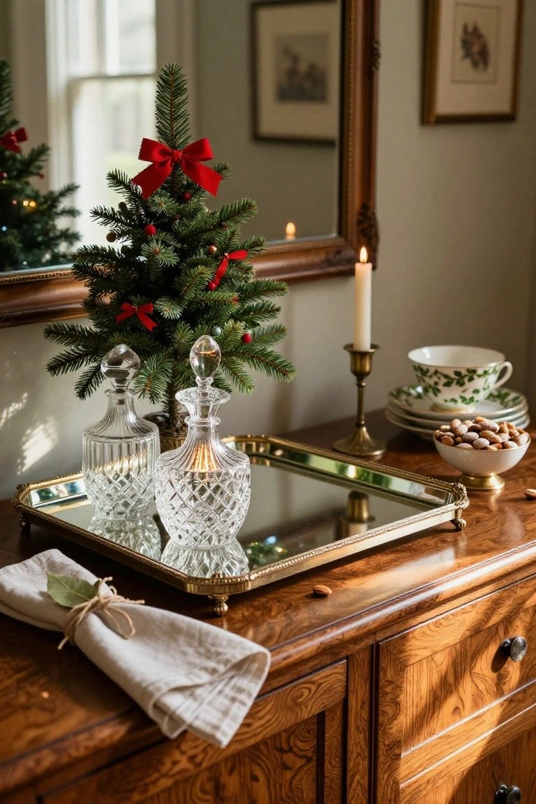 Wooden dresser top holding a brass-edged mirrored tray with two cut crystal decanters and a small decorated Christmas tree, next to a brass candlestick with white candle, stacked green-patterned teacup and saucers, white bowl of sugared nuts, and linen napkin tied with twine and bay leaf.