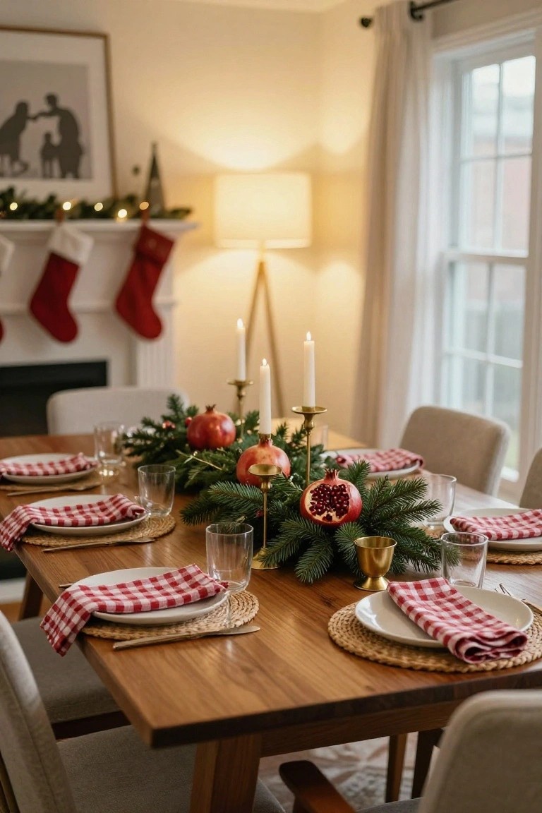 Wooden dining table set for Christmas dinner with red gingham napkins on white plates, glasses, woven placemats, central evergreen garland runner accented by pomegranates and brass candlesticks with white taper candles, cream upholstered chairs, and holiday decor on mantel in background.