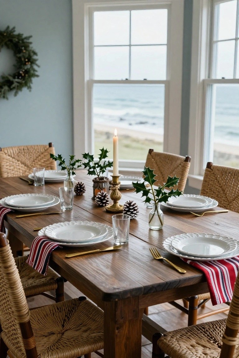 Dining table set for Christmas with white plates on red and white napkins, gold flatware, holly sprigs in vases, pinecones, candles on brass holders, rattan chairs, and windows showing ocean view.