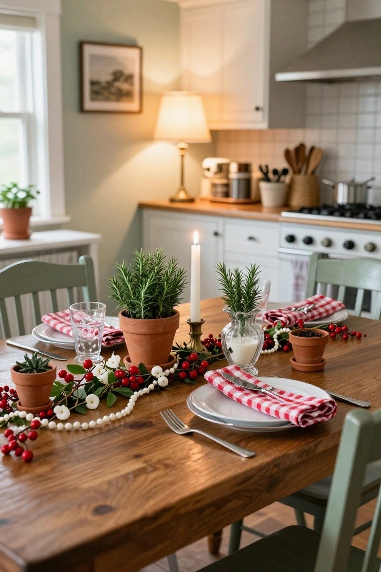 Wooden dining table in a pale green kitchen set for Christmas with potted rosemary plants, red berry garlands, pearl strings, candles, red checkered napkins, and plates.