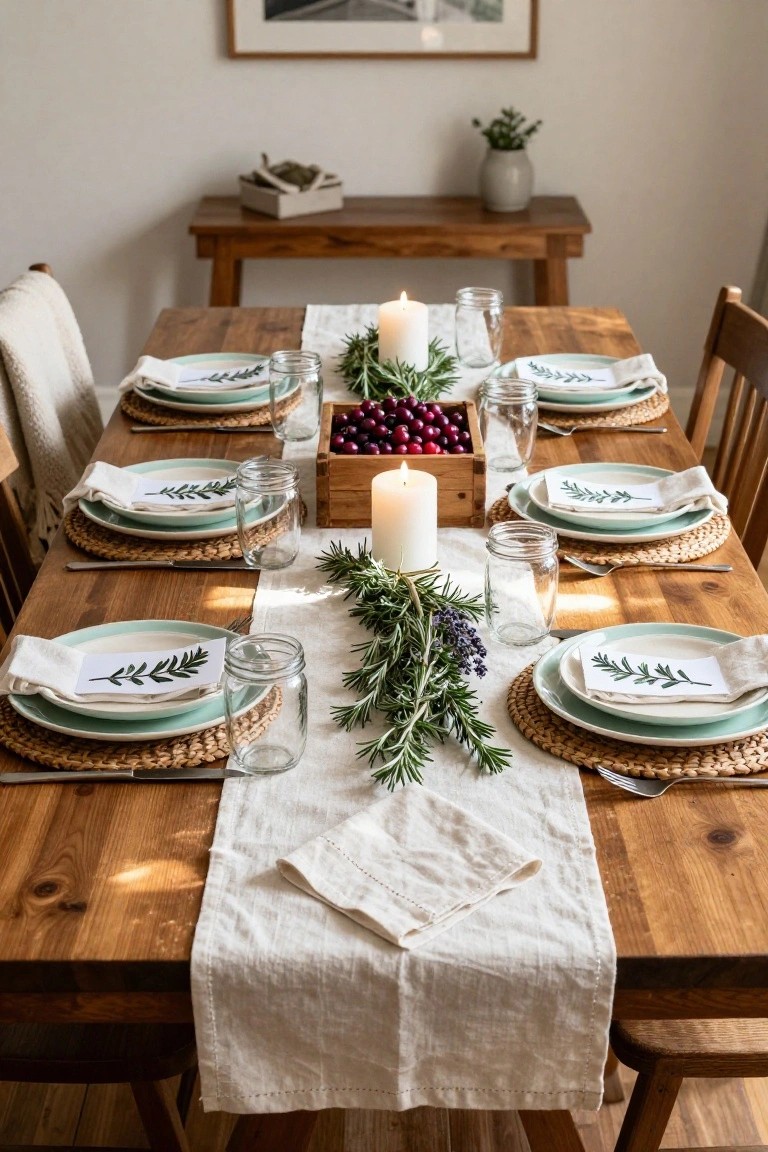 Wooden dining table set for six with a central runner of rosemary and lavender greenery, white candles, mason jars, wooden crate of red cranberries, teal plates on woven placemats, and white linen napkins.