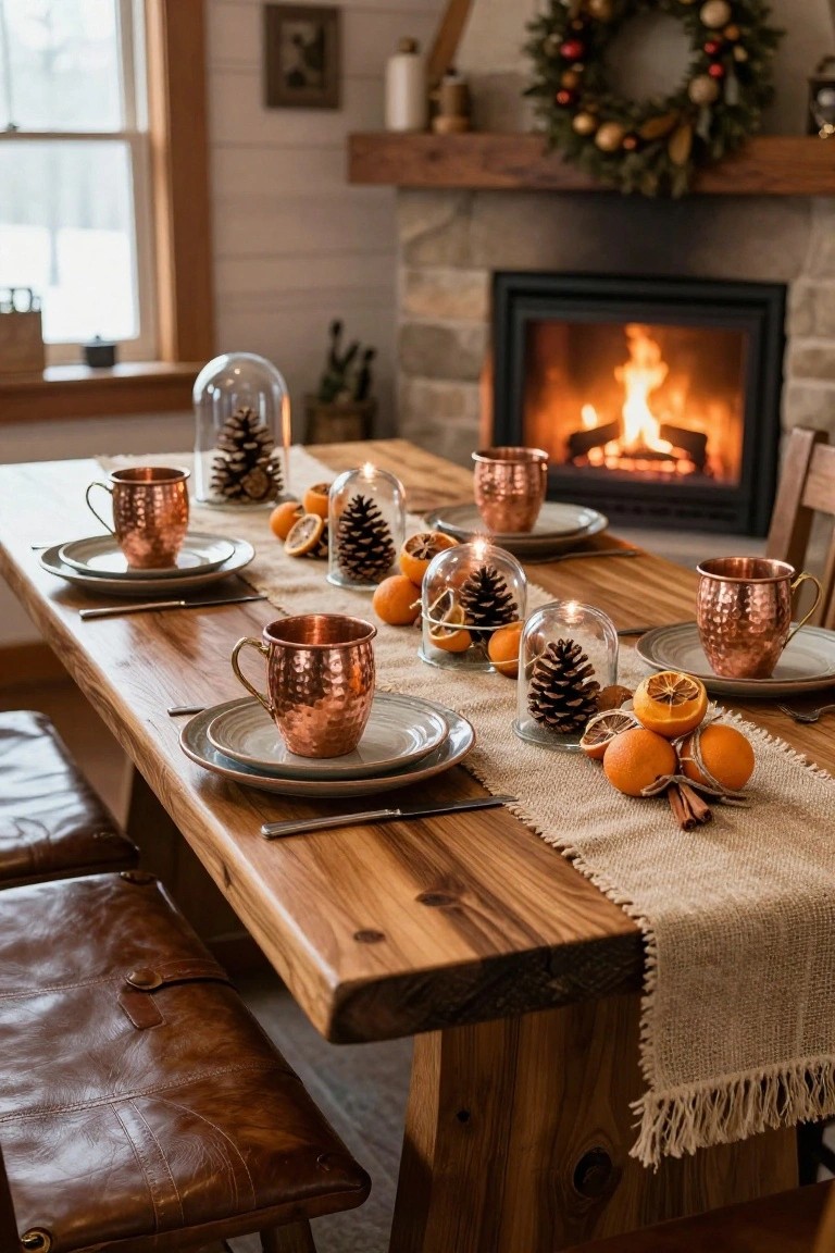 Wooden dining table set for Christmas with hammered copper mugs and plates, glass cloches containing pinecones and dried oranges, burlap runner, cinnamon sticks, in a cozy interior with stone fireplace and window.