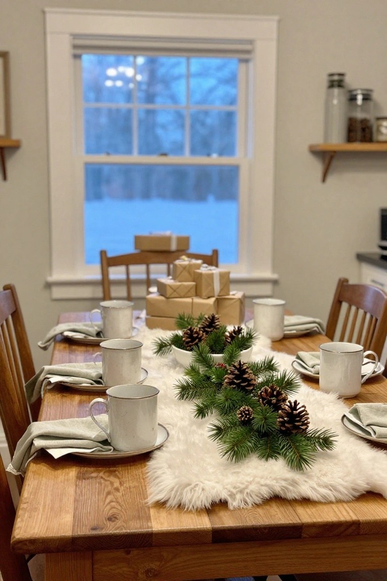 Wooden dining table decorated for Christmas with a white faux fur runner topped by pine branches and pinecones as centerpiece, white mugs and plates at place settings, wrapped gifts stacked nearby, and a window showing snowy outdoors.