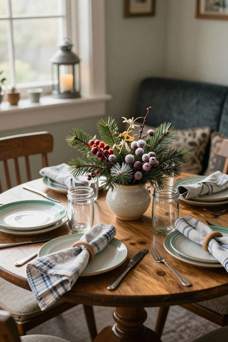 Close-up of a round wooden dining table set for four places with green-rimmed plates, plaid napkins in wooden rings, silverware, mason jar glasses, and a central white vase holding evergreen branches, red berries, white flowers, and frosted twigs, beside a window with plants and a lantern.