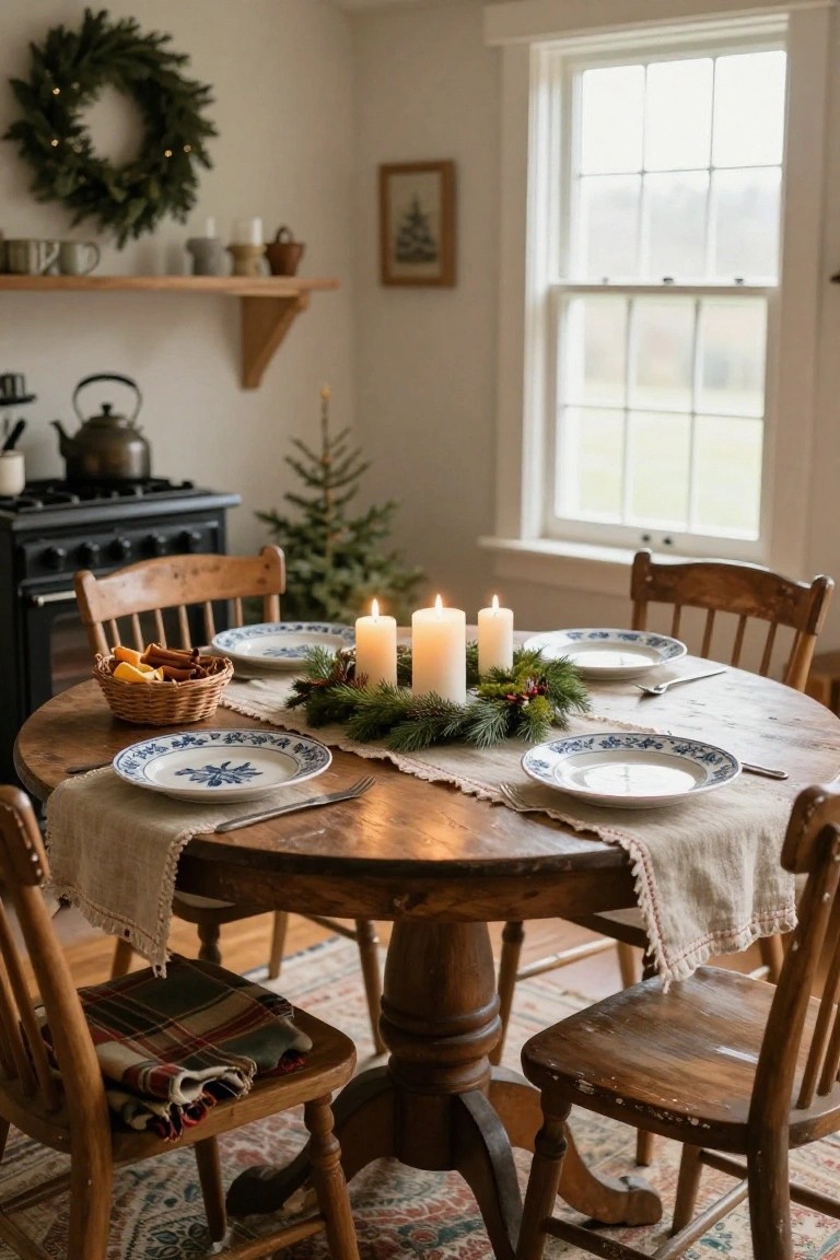 Round wooden dining table set with blue and white plates, linen runners, centerpiece of pine branches, red berries, oranges, cinnamon sticks, and white candles, in a cozy kitchen with wooden chairs, small Christmas tree, wall wreath, and window nearby.