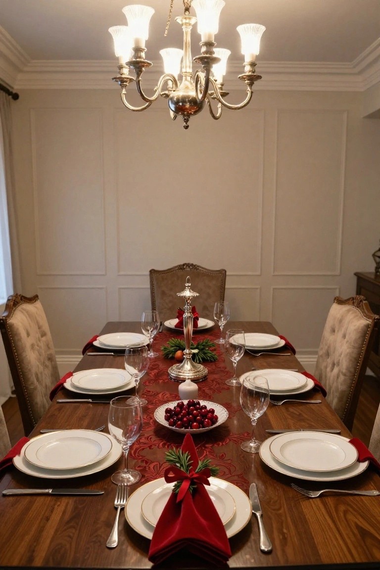 Formal dining table set for Christmas with red brocade runner, white plates, wine glasses, silver candelabra with candle and greenery, red berries, and red napkins on wooden table under silver chandelier in beige paneled room with tufted chairs.