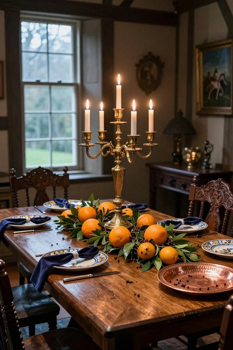 Wooden dining table in a traditional room set with colorful majolica plates, navy blue napkins, silverware, a centerpiece of oranges studded with cloves and greenery around a lit gold candelabra, and a copper dish nearby.