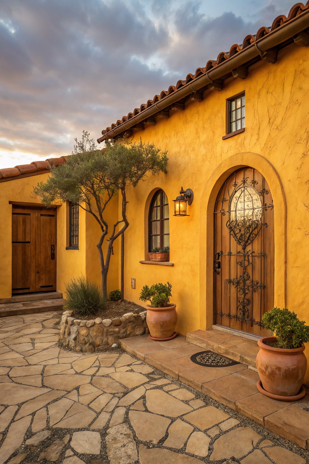 Warm yellow stucco house exterior with terracotta tile roof, arched doorway featuring wrought iron gate over wood door, potted plants, olive tree, and stone pathway at dusk.