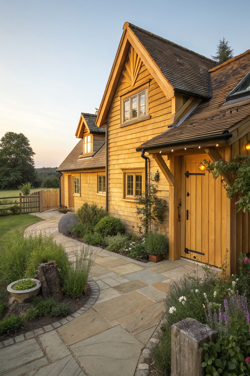 A two-story house with warm yellow horizontal wood siding, gabled roof, and a covered timber porch with wooden door, flanked by landscaping and a curving stone path.