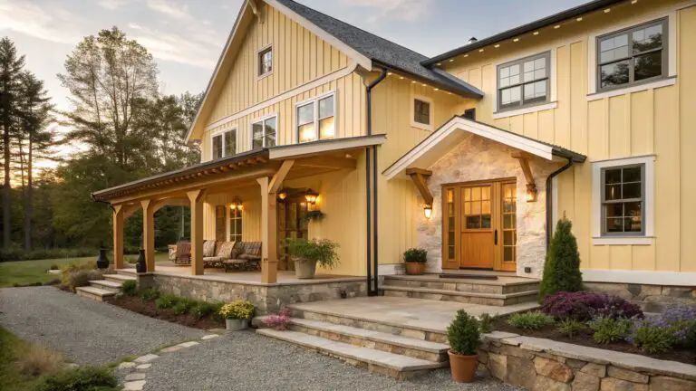 A two-story yellow board-and-batten house exterior with a covered front porch featuring wooden columns, a paneled wood door, stone steps, gravel path, and low plantings.