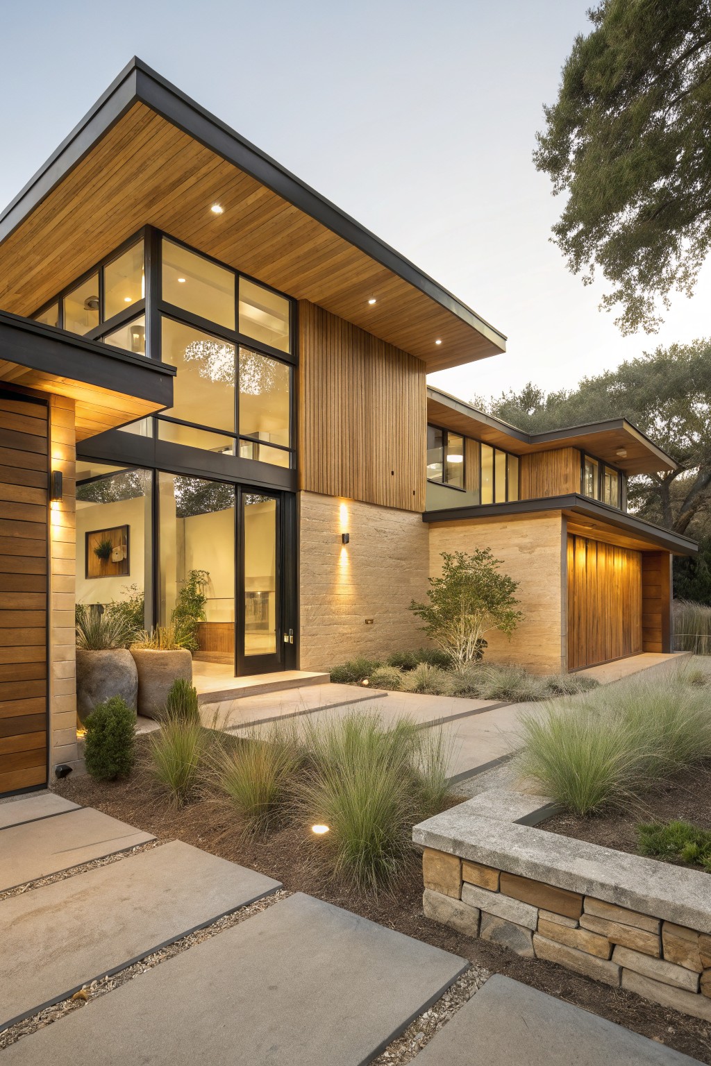 Modern house exterior with warm beige sandstone lower walls and base, vertical cedar wood cladding on upper sections, large corner glass windows, wooden entry door and garage door, concrete paver pathway with gravel edges, and sparse native grasses and shrubs.